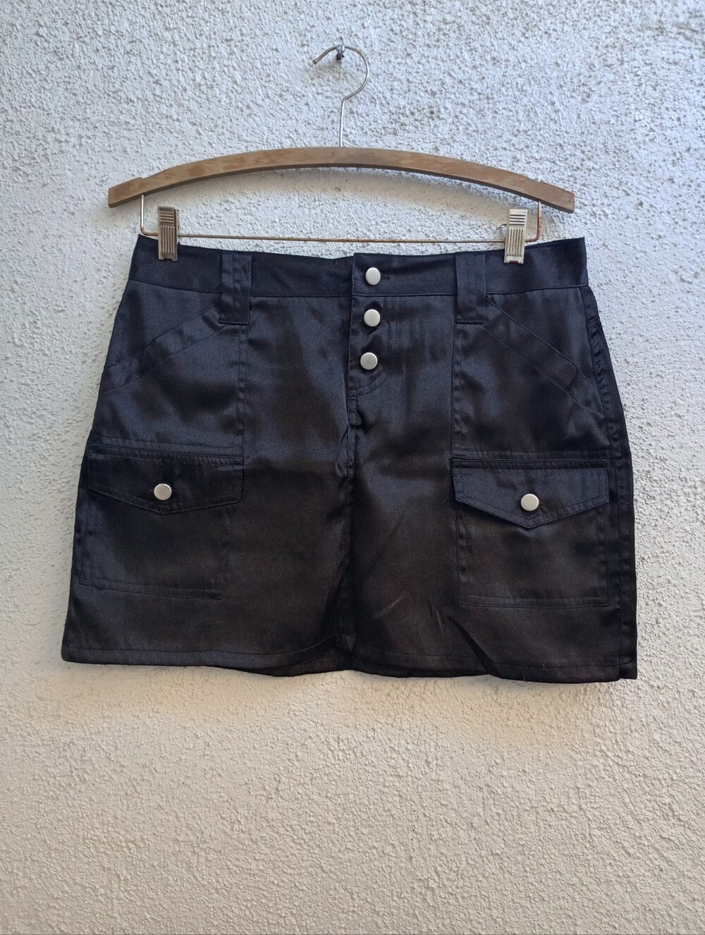 Derek Heart Black Satin Utility Cargo Mini Skirt Y2K Grunge Punk Festival Club 7